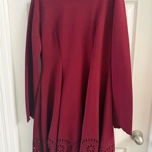 Burgundy Laser Cut Flowers Fit & Flare Long Sleeve Knee Length Dress XL